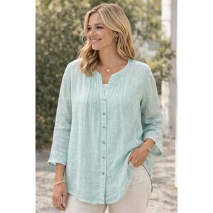 Eileen Fisher Size Large 100% Linen Blouse Seafoam Green Button Front 3/4 Sleeve